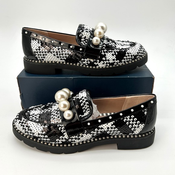 Betsey Johnson Shoes - Embellished Womens Loafers Betsey Johnson Harloe Sz 7.5 Black White Sequins NEW